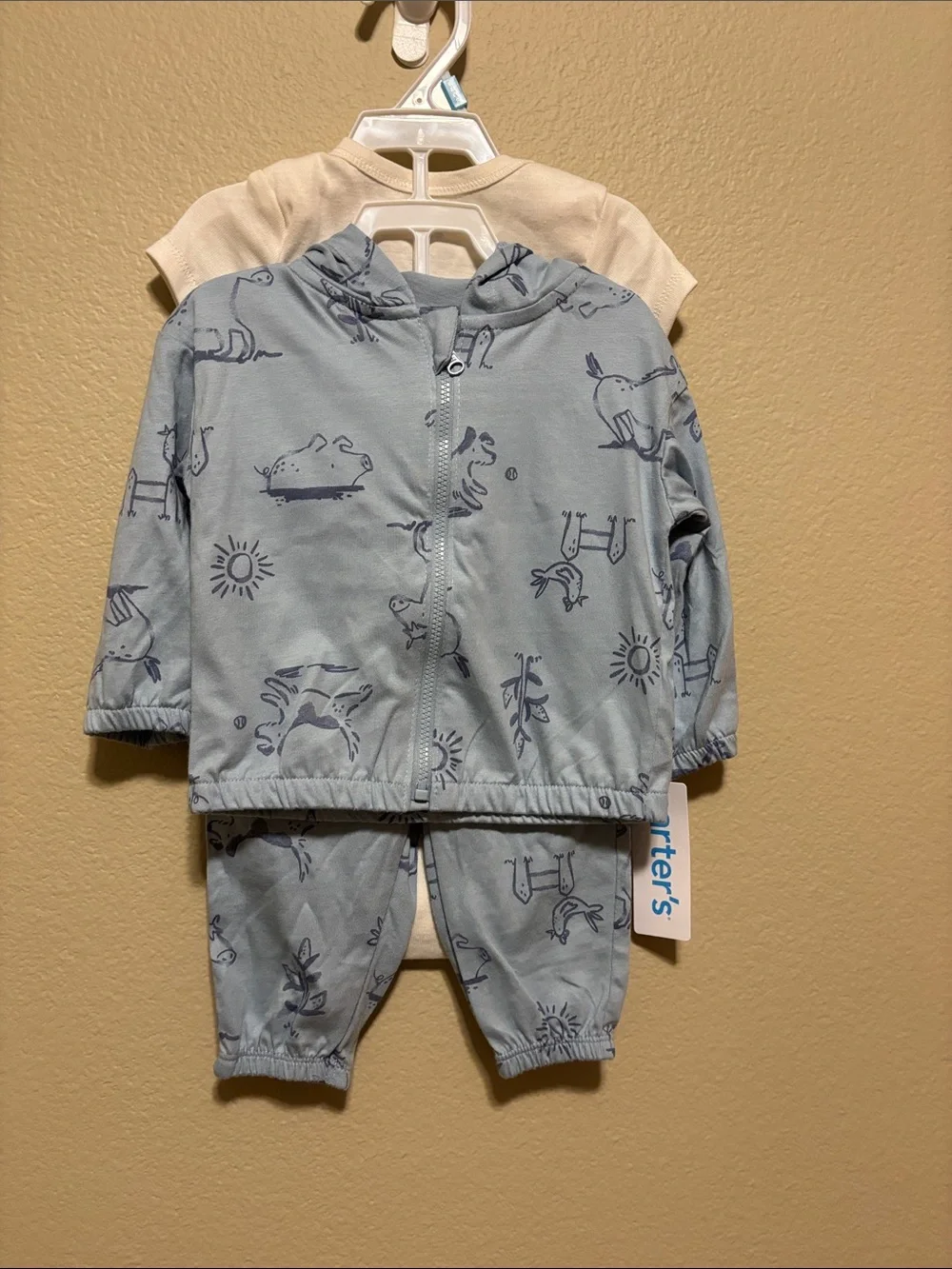 Carter's Cream & Blue Baby Three-Piece Set with Playful Farm Print